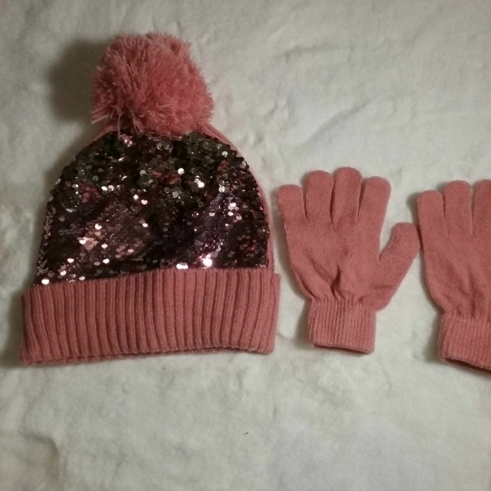 Sequin Knit Pink Hat with matching gloves